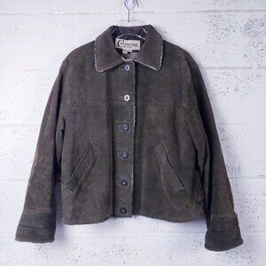 Colebrook & Co. Leather Suede Plaid Sherpa Lined Jacket Green Womens Large